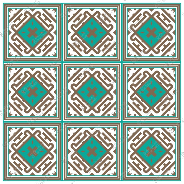 تصميم مكون من تسعة مربعات بزخارف هندسية تقليدية باللونين الفيروزي والبني.