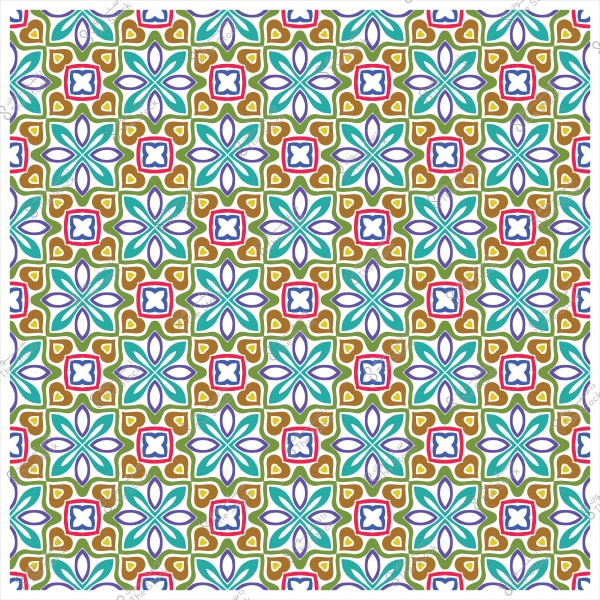 Colorful Islamic geometric pattern featuring floral and star shapes in green, blue, red, and brown.