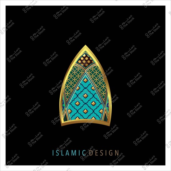 تصميم إسلامي بزخرفة هندسية بألوان زرقاء وذهبية وخلفية سوداء.