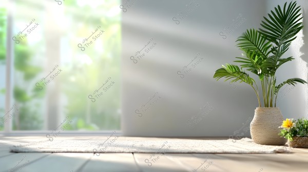 An image of a bright room featuring green plants placed in a large wicker pot on the floor. The back wall is illuminated by sunlight streaming through a large glass window, creating a spacious atmosphere. A light-colored rug is on the wooden floor.