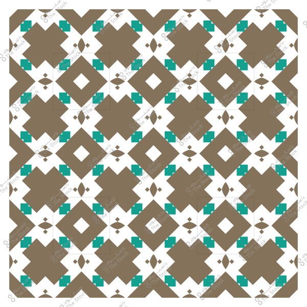 تصميم هندسي بألوان بُنية وزرقاء خضراء على خلفية بيضاء يتبع نمطاً إسلامياً تقليدياً.