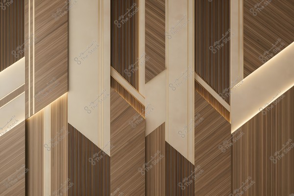 A modern architectural design featuring geometric patterns of straight lines, squares, and triangles in brown and gold tones. The surfaces have a wood-like appearance with integrated lighting that highlights the details. The design reflects a contemporary and elegant style.