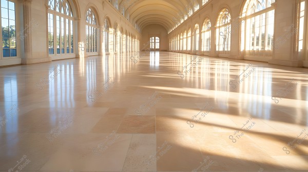 An image showing a large, spacious indoor hallway with a polished marble floor. The hallway is flanked by long arched windows on both sides, allowing sunlight to stream in and create shadow patterns on the floor. The ceiling is arched and high, giving a sense of grandeur and expansiveness to the space.