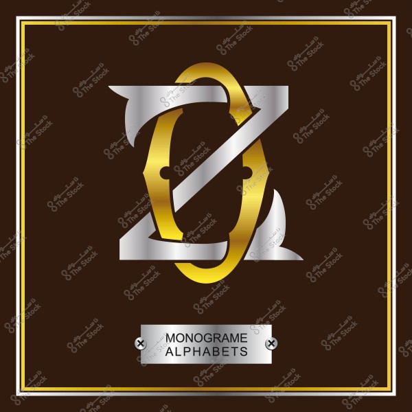 تصميم حرف "Z" على شكل مونوغرام باللونين الفضي والذهبي على خلفية بنية غامقة مع إطار ذهبي. يوجد نص تحت التصميم مكتوب عليه "MONOGRAM ALPHABETS".