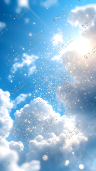 Image of a clear blue sky covered with soft white clouds illuminated by sunlight. Small star-like light points are scattered throughout, creating a magical and tranquil scene.