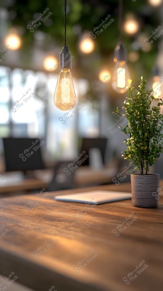 Image of a modern office with warm lighting. A hanging light bulb is illuminated, with a small green plant in a pot on the wooden desk. In the background, there are several other desks and blurred hanging lights, creating a warm and inviting atmosphere.
