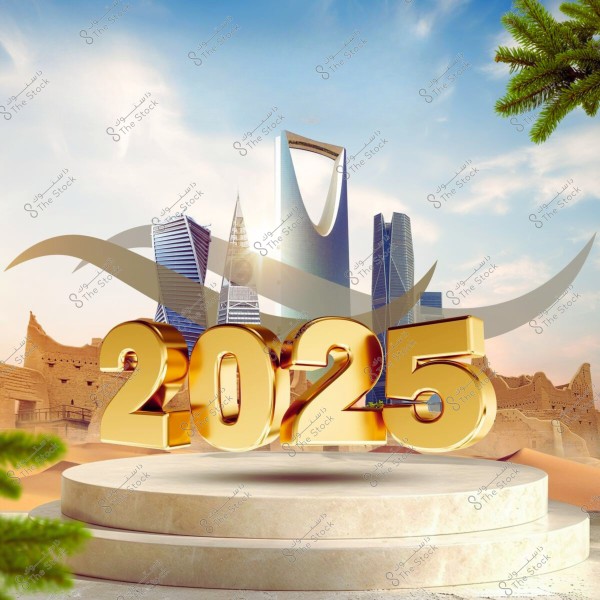 An image showcasing prominent modern buildings in Riyadh, such as the Kingdom Centre and Al Faisaliah Tower, with the golden number \"2025\" in the foreground. Traditional Saudi heritage landmarks are visible in the background, accompanied by a blue sky and green plants at the edges of the image.