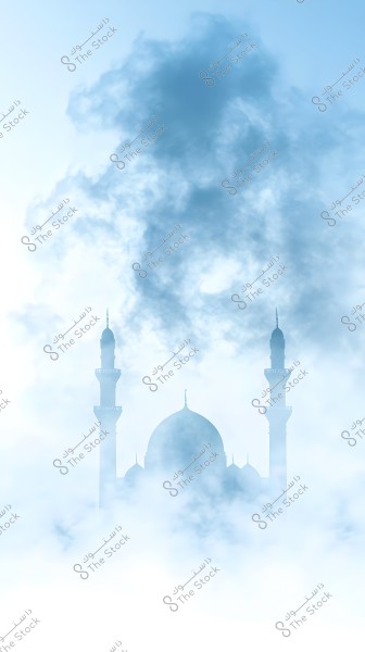 Image of a mosque silhouette appearing through clouds. The picture shows two minarets and a dome, surrounded by white clouds that cover most of the image. The colors range from light blue to white, creating a calm and majestic atmosphere.