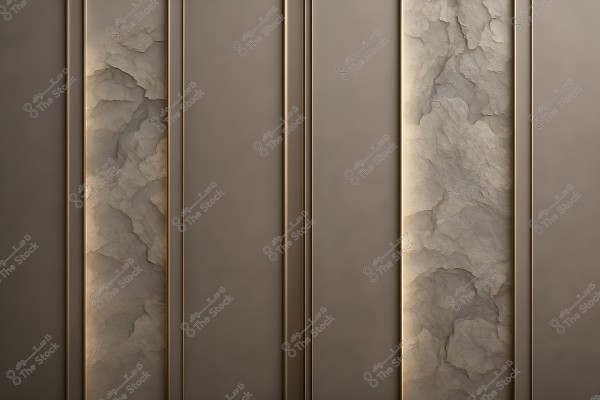 An image showing an interior design of a wall with long vertical panels featuring soft, circular stone-like textures. The panels have a warm brown color with subtle lighting, giving a luxurious and modern effect.