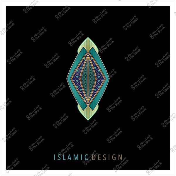 An Islamic geometric design on a black background. The design features intricate shapes in blue, green, and gold, with symmetrical lines and a decorative pattern in the center. Below the design, the words \"Islamic Design\" are displayed in blue and brown colors.