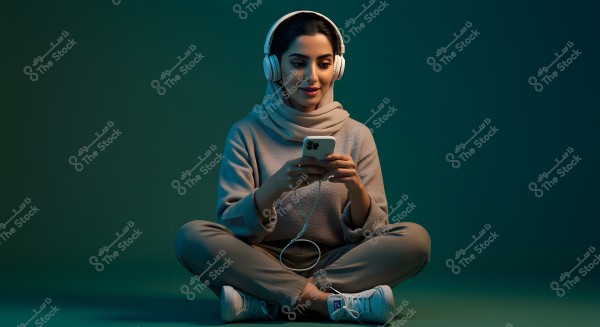 Image of a woman wearing a hijab and white headphones, sitting cross-legged on the floor, looking at a smartphone in her hand. The background is colored with dark green and blue gradients. The woman is dressed in a beige sweater, comfortable pants, and white sneakers.