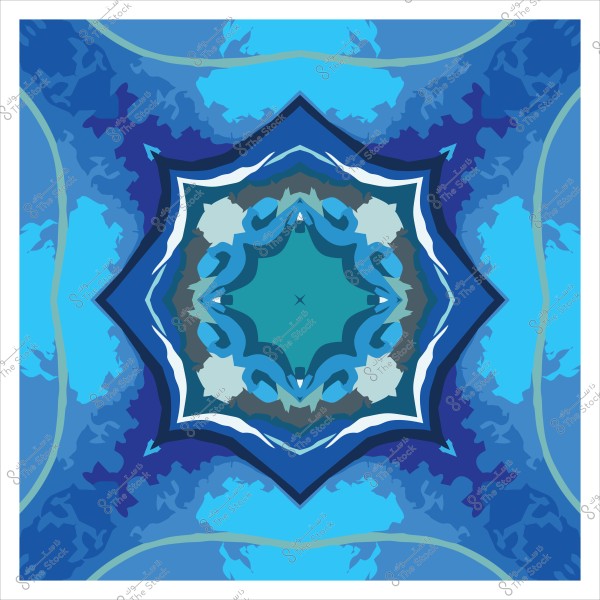 تصميم فسيفساء بألوان زرقاء وبيضاء متعددة, بأشكال هندسية متماثلة تتوسط الصورة.