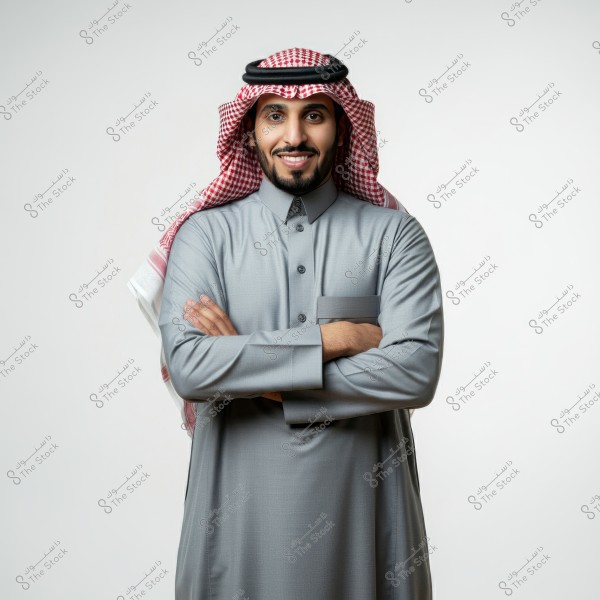 A portrait of a Saudi man wearing a gray thobe and traditional red and white checkered shemagh with a black agal. The man is smiling with his arms crossed over his chest, set against a simple white background.