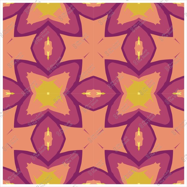 Abstract symmetrical pattern with orange, purple, and yellow colors forming flower-like shapes.