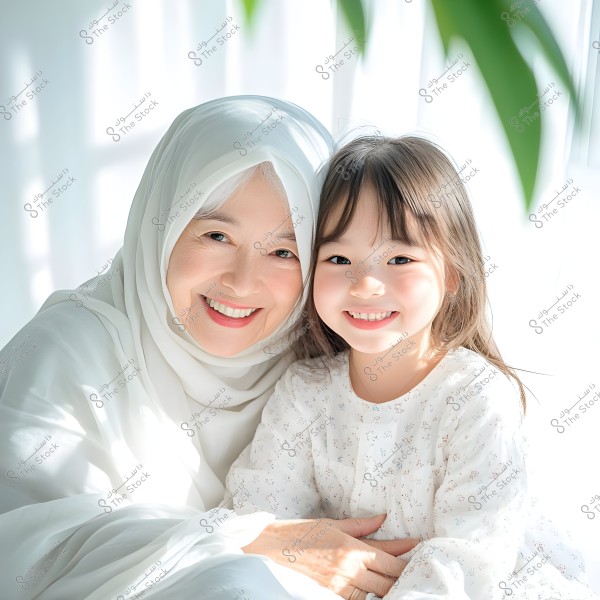 A photo of an elderly woman wearing a white hijab next to a smiling young girl in a patterned white dress. They are in a bright setting with natural lighting and a white background, both showing happiness on their faces.