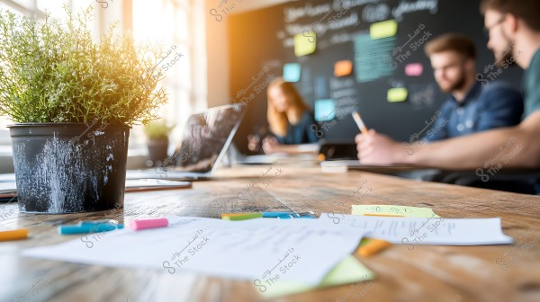 An image of a modern workspace with a plant in the foreground on a wooden table. In the background, two blurred individuals are seated in front of a large blackboard filled with notes and colorful sticky notes, appearing to be in a business meeting or discussion.