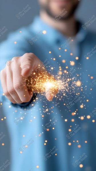 An image showing a person in a blue shirt pointing their finger towards the camera. Bright lights and golden sparkles emanate from the fingertip, creating a magical effect in the scene.
