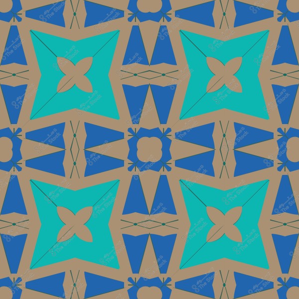 نمط هندسي متماثل بألوان زرقاء وخضراء وبنية, يتكون من أشكال مربعات وزهور متداخلة.