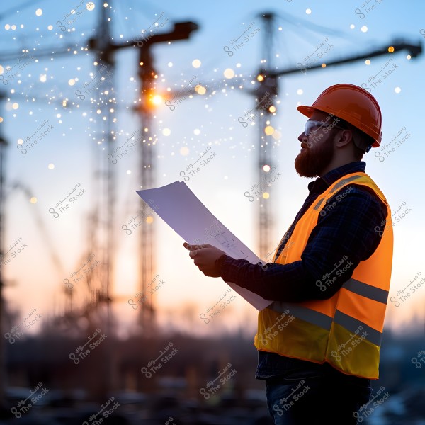 An engineer wearing a safety helmet and an orange protective vest stands at a construction site. He holds blueprints or engineering drawings in his hand, with large cranes and other workers in the background against a sunset. The scattered lights add an artistic touch to the image.