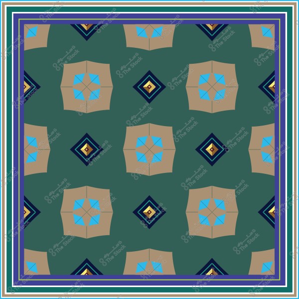 نمط هندسي بألوان خضراء وبيج وزرقاء يتكرر على خلفية مربعة.