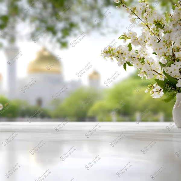 A vase with beautiful white flowers in the foreground on a shiny marble surface. In the background, a blurred view of a large mosque with a golden dome surrounded by green trees, creating a sense of calm and tranquility.