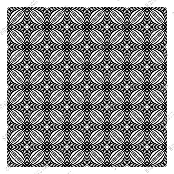 نمط هندسي أسود وأبيض يتكون من تصميمات متكررة بأشكال متقاطعة هندسية.