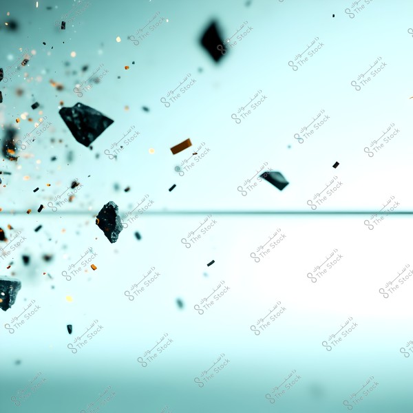 An image showing small black debris pieces suspended in the air, scattered across a light blue background. The pieces vary in size and shape, with some glinting in the light.