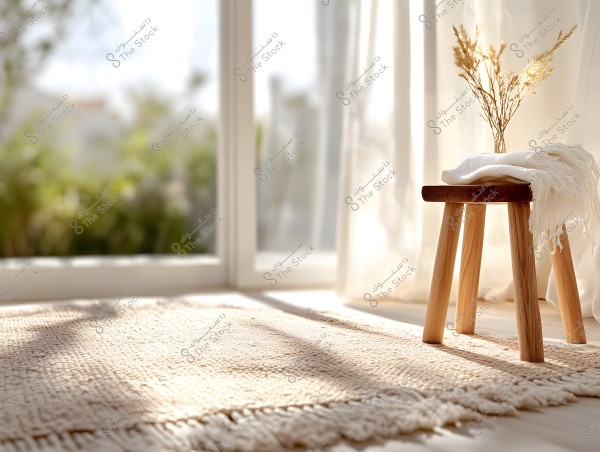 The image shows a bright room with natural lighting, where light is coming in from a large window in the background. A small wooden stool is placed in the right corner, with a white towel and a small plant decoration on top. The floor is covered with a light-colored rug, creating a calm and cozy atmosphere.