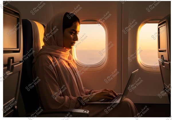 امرأة تجلس في مقعد طائرة تعمل على جهاز كمبيوتر محمول. ترتدي حجاباً بألوان محايدة وملابس أنيقة. الإضاءة دافئة بسبب غروب الشمس خارج النافذة. تحديداً, تبدو أجواء السفر هادئة ومريحة.