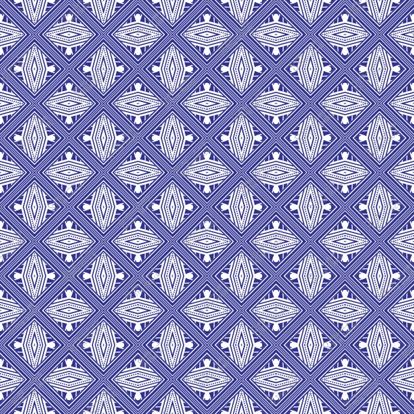 نمط هندسي متكرر باللون الأزرق والأبيض يشكل أشكالاً ماسية ومثلثات داخلية بأشكال متوازنة. يحتوي النمط على تفاصيل دقيقة وزخارف تتضمن خطوط ونقاط دقيقة, تخلق مظهراً متناغماً ومنظماً.