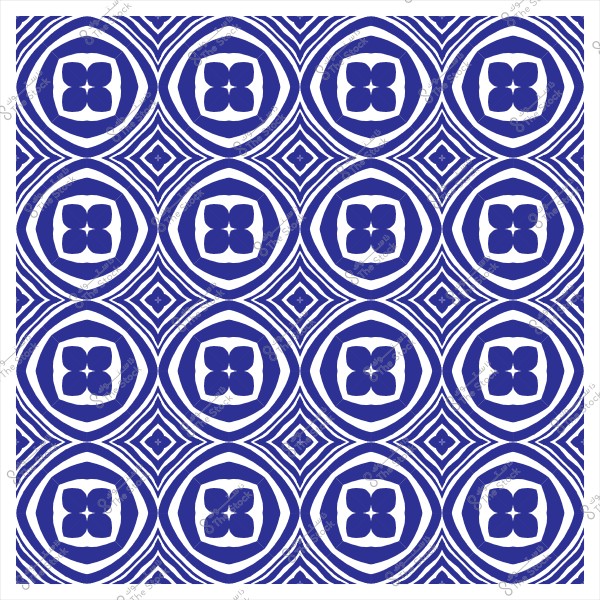 A geometric blue and white pattern consisting of circles, squares, and repetitive floral shapes on a white background.