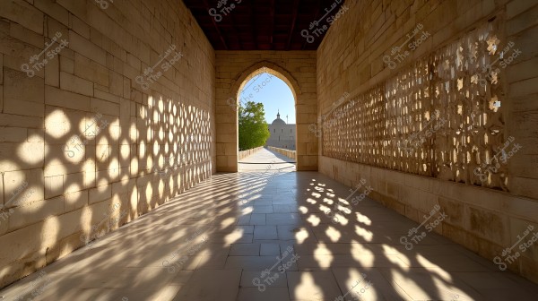 A narrow corridor with carved stone walls featuring geometric patterns on both sides, where light filters through to create shadows on the floor. At the end of the corridor, there is a large archway leading to an outdoor area with a domed building in the background and green trees visible on the sides.
