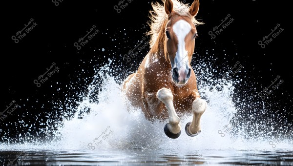 Image of a light brown horse with a white mane on its face running through water, creating a large splash beneath its hooves. The background is black, highlighting the horse and the water spray beautifully.