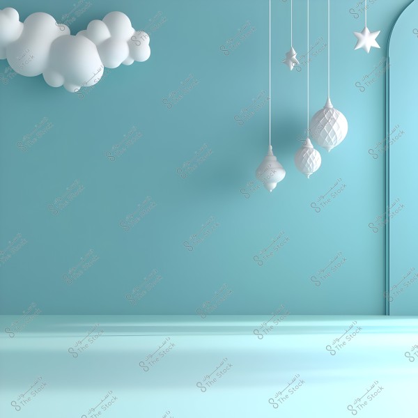 A simple blue background featuring a white cloud and several hanging 3D models of geometric shapes and a star. The scene creates a calm, abstract atmosphere with soft lighting.