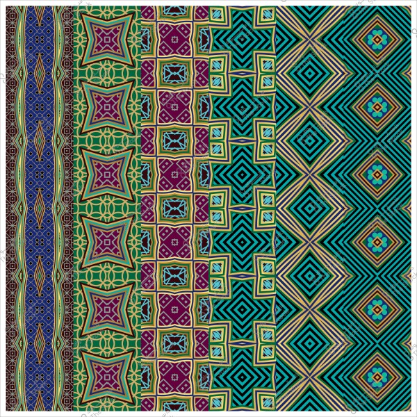 تصميم زخرفي يحتوي على أنماط هندسية متعددة الألوان متناسقة بشكل عمودي.