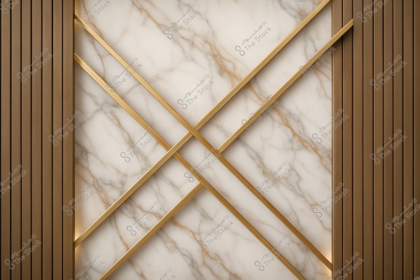 Interior design showcasing a wall adorned with white marble panels featuring brown and gold veins. The panels are framed by intersecting golden metallic strips adding a contemporary touch. On the sides, there are vertical wooden panels in brown, giving a sense of elegance and modernity.