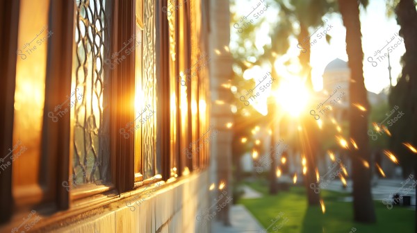 Image depicting a sunset viewed through a window with traditional architectural design, where the golden rays of the sun reflect on intricately patterned glass. In the background, palm trees and a building with domes suggest Islamic architectural style.