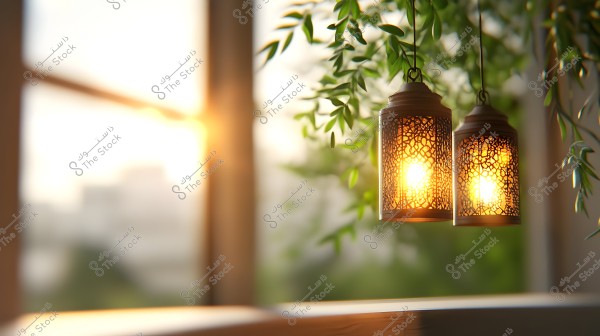Traditional lanterns with intricate designs, lit and hanging beside a window, with the glow of sunset in the background and green leaves surrounding the lanterns.