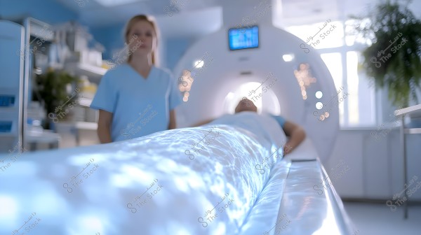 مريض مستلقٍ داخل جهاز التصوير بالرنين المغناطيسي في عيادة طبية حديثة. يظهر السرير الذي يرقد عليه المريض بأنماط مضيئة زرقاء وبيضاء. يقف بجانبه شخص يرتدي زيًّا طبيًّا أزرق. تظهر في الخلفية تفاصيل الغرفة مع شاشة ورقاقات ضوئية.