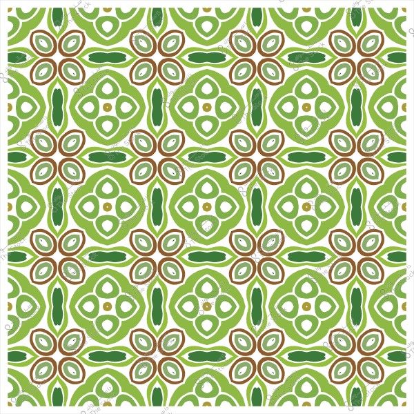 Symmetrical decorative pattern featuring floral and geometric shapes in green and brown on a white background.