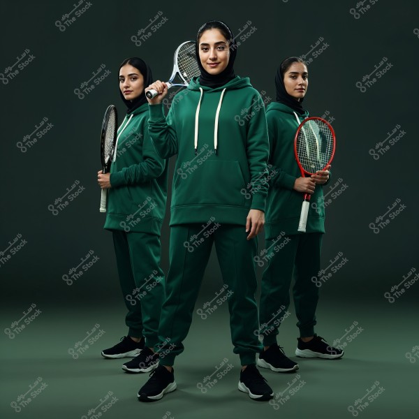 The image shows three women holding tennis rackets, wearing dark green hoodies and pants with black hijabs. The background is simple and colored in a similar shade of green. The attire appears comfortable, suggesting a sporty outfit.