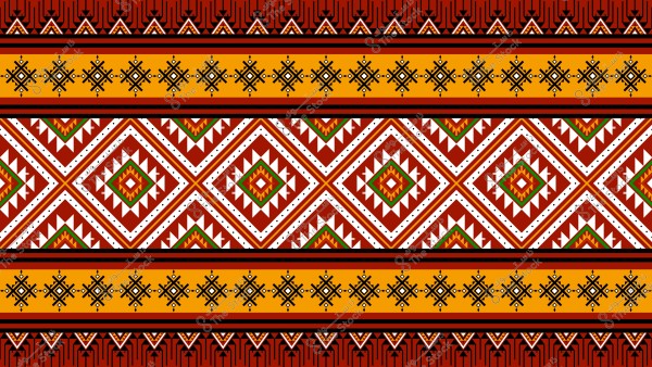 صورة لنمط هندسي تقليدي يمزج بين المربعات والمثلثات في ألوان متعددة مثل الأحمر والبرتقالي والأصفر والأخضر. يعكس التصميم زوايا حادة وتكرارًا دقيقًا وخطوطًا متوازية, ويرتبط بالثقافة السعودية التقليدية. النمط يحتوي على أشكال ماسية تتداخل فيها الألوان بترتيب متناغم.