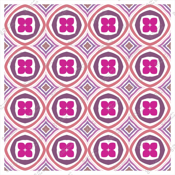 نمط هندسي مكرر يتكون من دوائر تحتوي على أشكال زهرية باللون الوردي والبنفسجي والخطوط المتقاطعة بالألوان المختلفة.