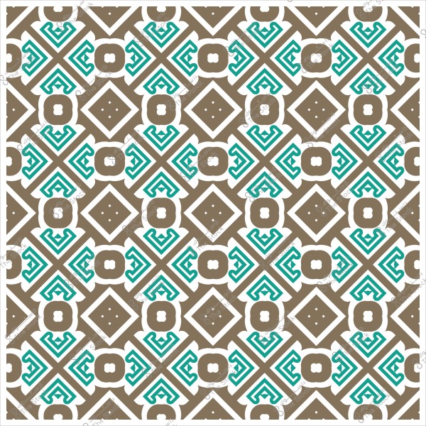 نقش هندسي بأشكال مربعة وخطوط متشابكة باللونين البني والأزرق الفيروزي.