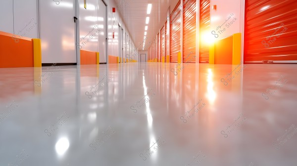 Image of a long corridor in a storage facility, showing a shiny floor with light reflections on the surface. The sides of the corridor are lined with closed white and orange doors, with bright lighting at the end of the corridor, creating a modern and clean atmosphere.