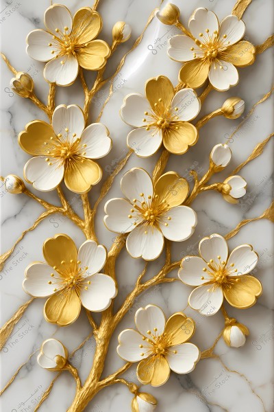 A wall art piece depicting decorative white and gold flowers on a marble background. The flowers are adorned with golden details, and the stems and branches are in a shining gold color, creating a sense of luxury and elegance.