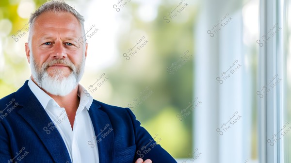 صورة لرجل بشعر أبيض ولحية, يرتدي بدلة زرقاء وقميصًا أبيض. يقف في بيئة مضيئة مع خلفية نابضة بالحياة وخضراء.