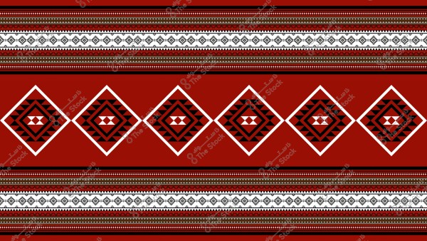 تصميم نمط سجاد تقليدي بألوان حمراء وسوداء وبيضاء. تحتوي الصورة على أشكال هندسية متناظرة تتضمن خطوط متقاطعة ومثلثات ومعينات مكررة, وهي شائعة في الحرف التقليدية في بعض مناطق الشرق الأوسط.