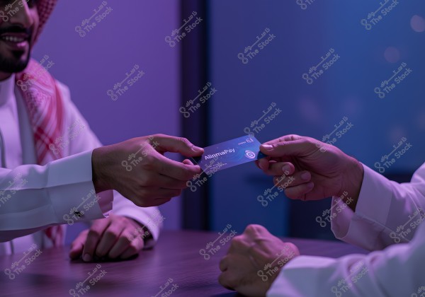 The image shows two men sitting at a table, one wearing a traditional white outfit with a shemagh and agal. One man is handing over a small card labeled \"Alinma Pay\" to the other. The overall mood of the image is vertical with soft blue and purple lighting.