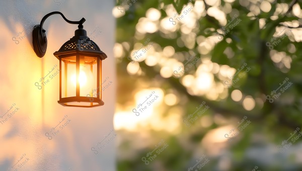 A traditional-style metallic wall lantern lit at sunset, attached to an outdoor wall. It emits a warm glow illuminating the surrounding wall, with a blurred background of tree leaves lit by the setting sun. The colors include shades of orange and green.
